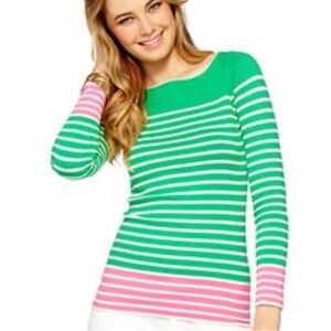 Lilly Pulitzer Maria Boatneck Sweater Sz XS Green Everglades Stripe Pink